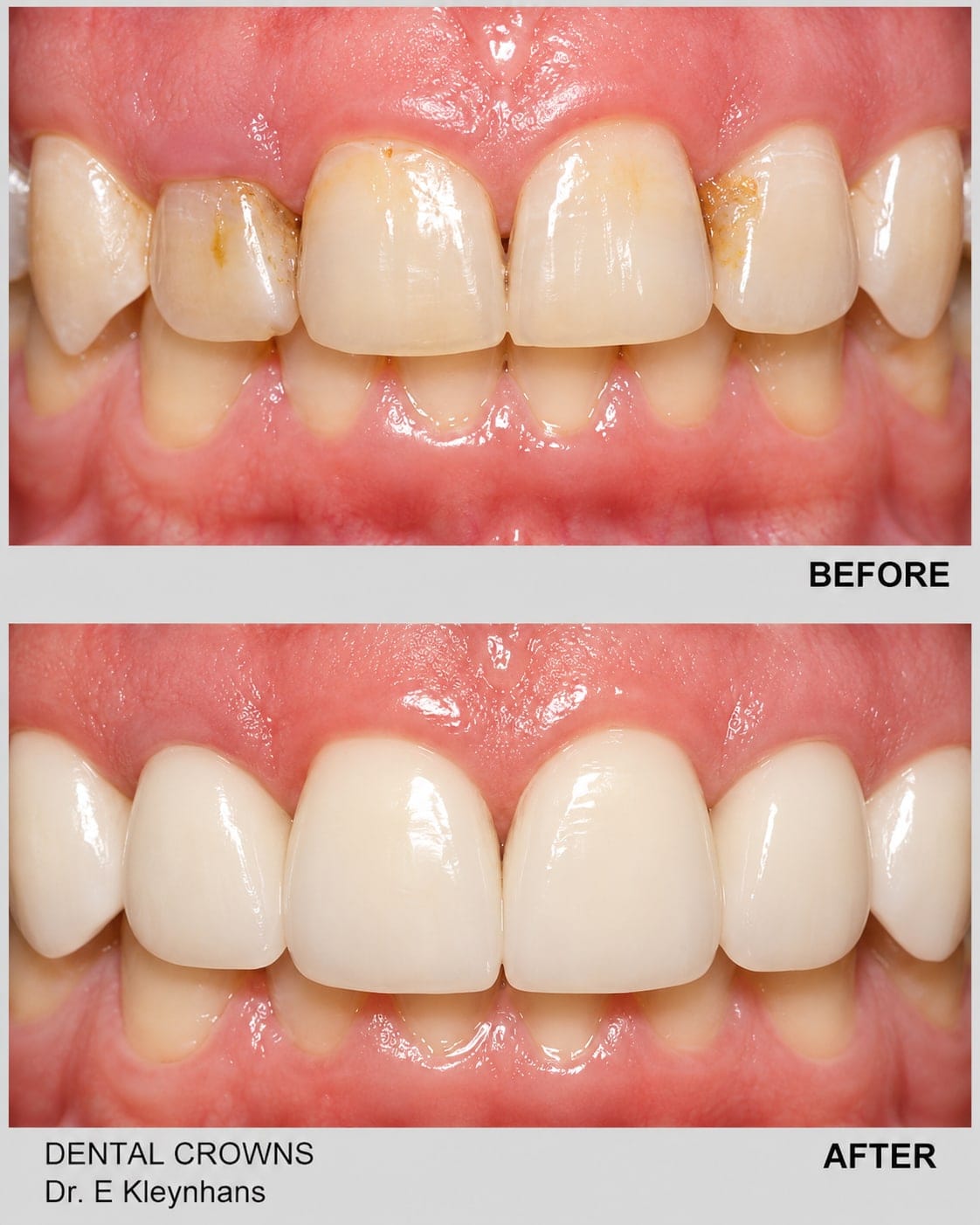 Before and after dental crowns by Dr Eugene Kleynhans at Smile Connection Dental Studio, Pretoria